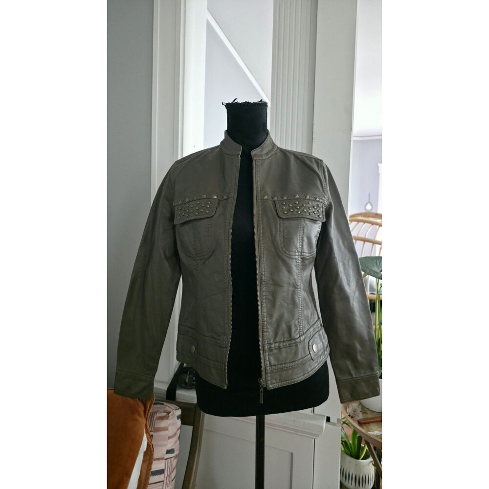 Erin London Women’s Brown Solid Biker Jacket PS Petite Studded Full Zip